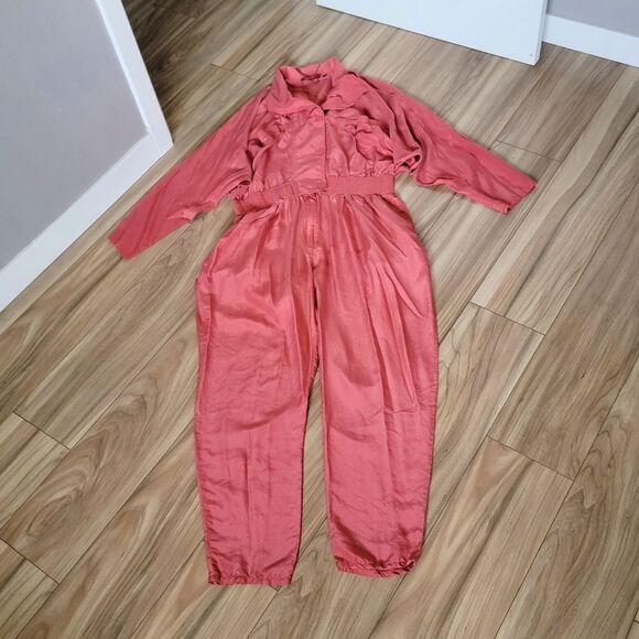 St. Tropez Vintage 80s Silk Full Lenth Sporty Collared Jumpsuit in Marsala Coral - Picture 1 of 15